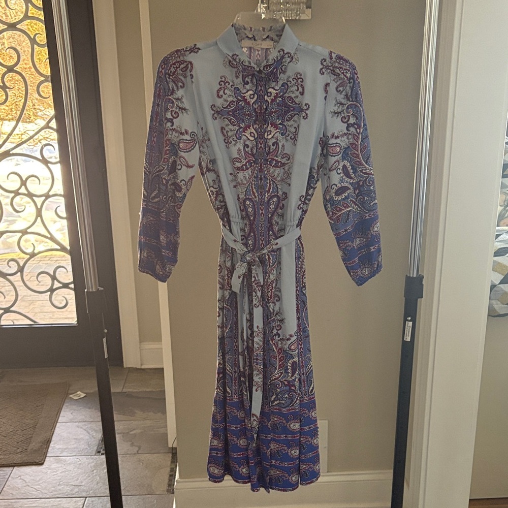 LOFT Long Sleeve Paisley Dress in Blue and Purple